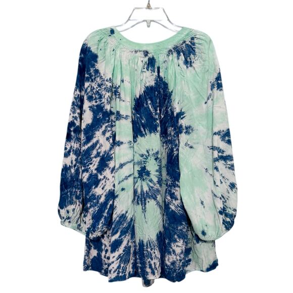 Crown & Ivy 3X Tie-Dye Peasant Tunic Top Blue White Boho Long Sleeve - Picture 6 of 6